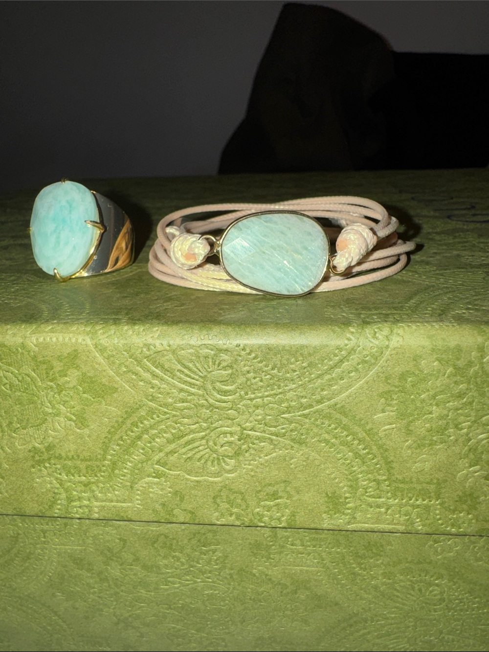 Source Unknown Gold-Tone Amazonite Ring and Wrap Bracelet - Green